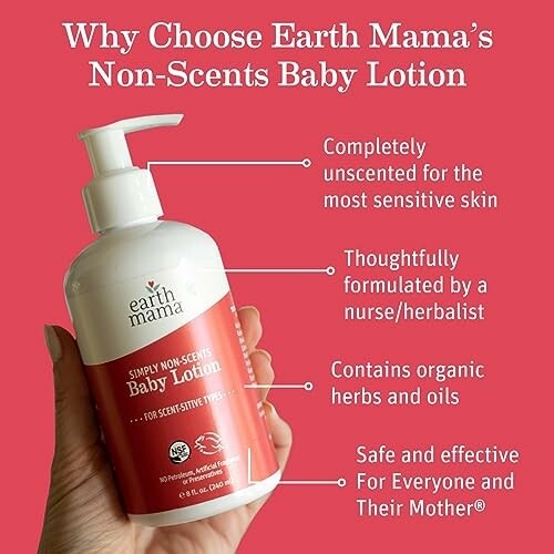 Earth Mama non-scents baby lotion bottle with text highlighting benefits such as unscented, formulated by nurse/herbalist, contains organic herbs and oils, safe for everyone.