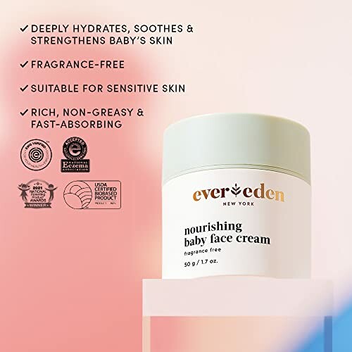 Evereden nourishing baby face cream with benefits listed.