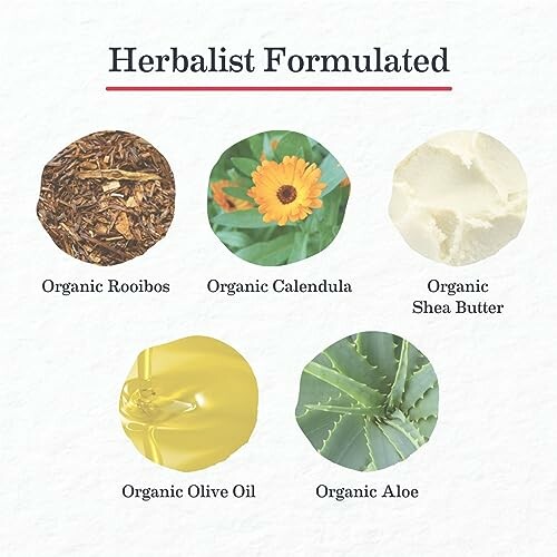 Herbalist formulated with organic rooibos, calendula, shea butter, olive oil, and aloe.