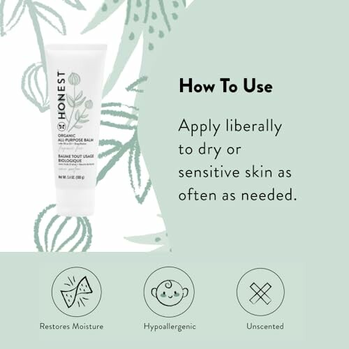 Instructions for using Honest all-purpose balm for dry or sensitive skin.