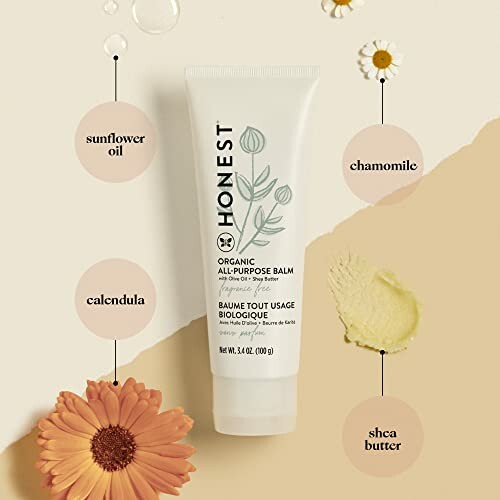 Honest Organic All-Purpose Balm tube with ingredients: sunflower oil, chamomile, calendula, shea butter.